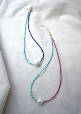 Half Lapis Half Turquoise & White Pearl Necklace - Mag.Pi
