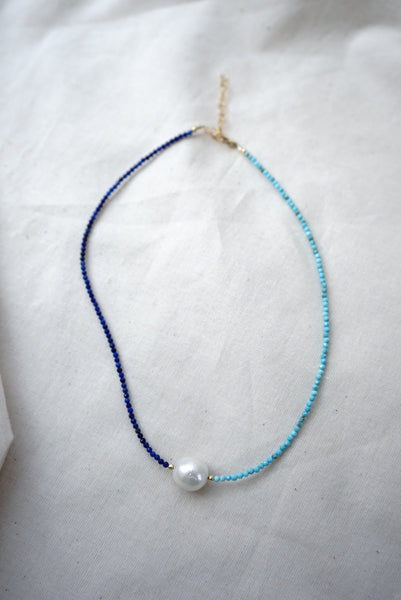 Half Lapis Half Turquoise & White Pearl Necklace - Mag.Pi