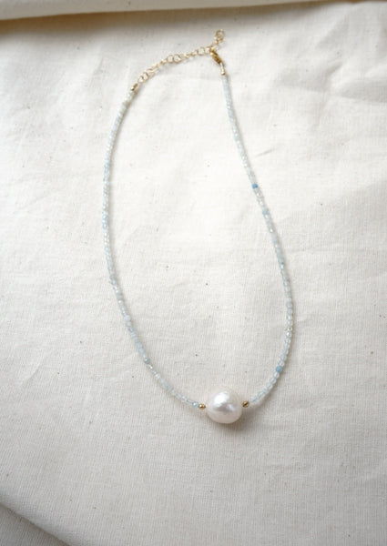 Aquamarine & White Baroque Pearl Necklace - Mag.Pi