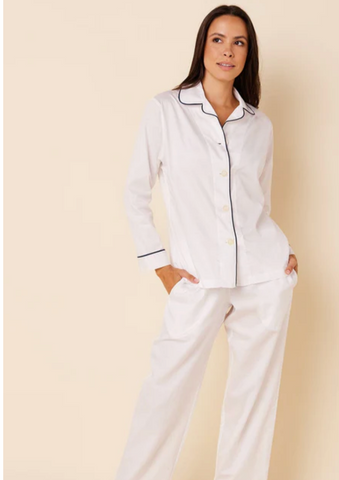 Luxe Cotton Pajamas in white with navy piping - Mag.Pi