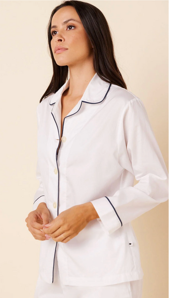 Luxe Cotton Pajamas in white with navy piping - Mag.Pi